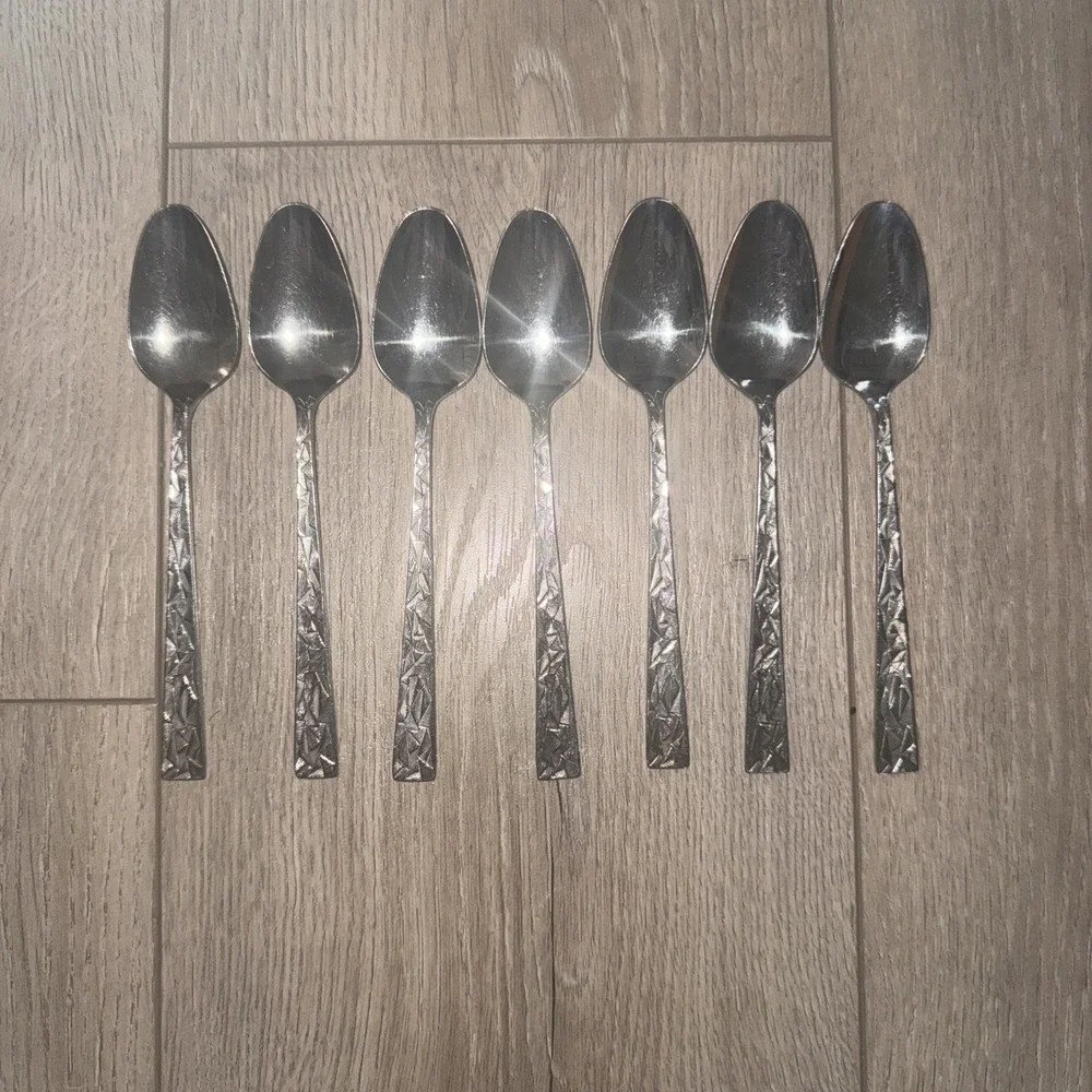 7 PCs Towle SCC Cubist Stainless Flatware Teaspoons, Aquarius Pattern, Japan MCM